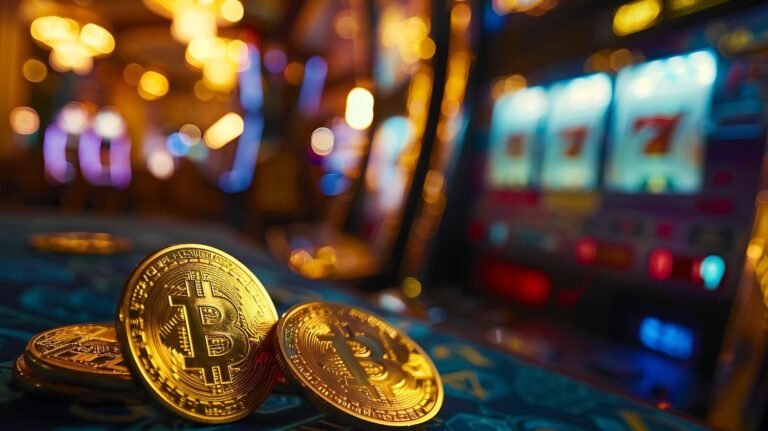 Close-up of gold Bitcoin coins on a casino table with illuminated slot machines in the background, representing crypto gambling and online slots.